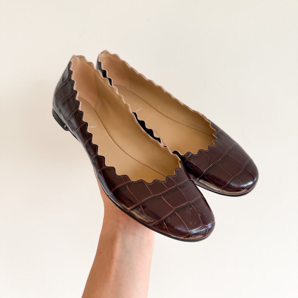 Chloé Lauren Scalloped Croco Ballerina Flats Leather Shoes Brown 36